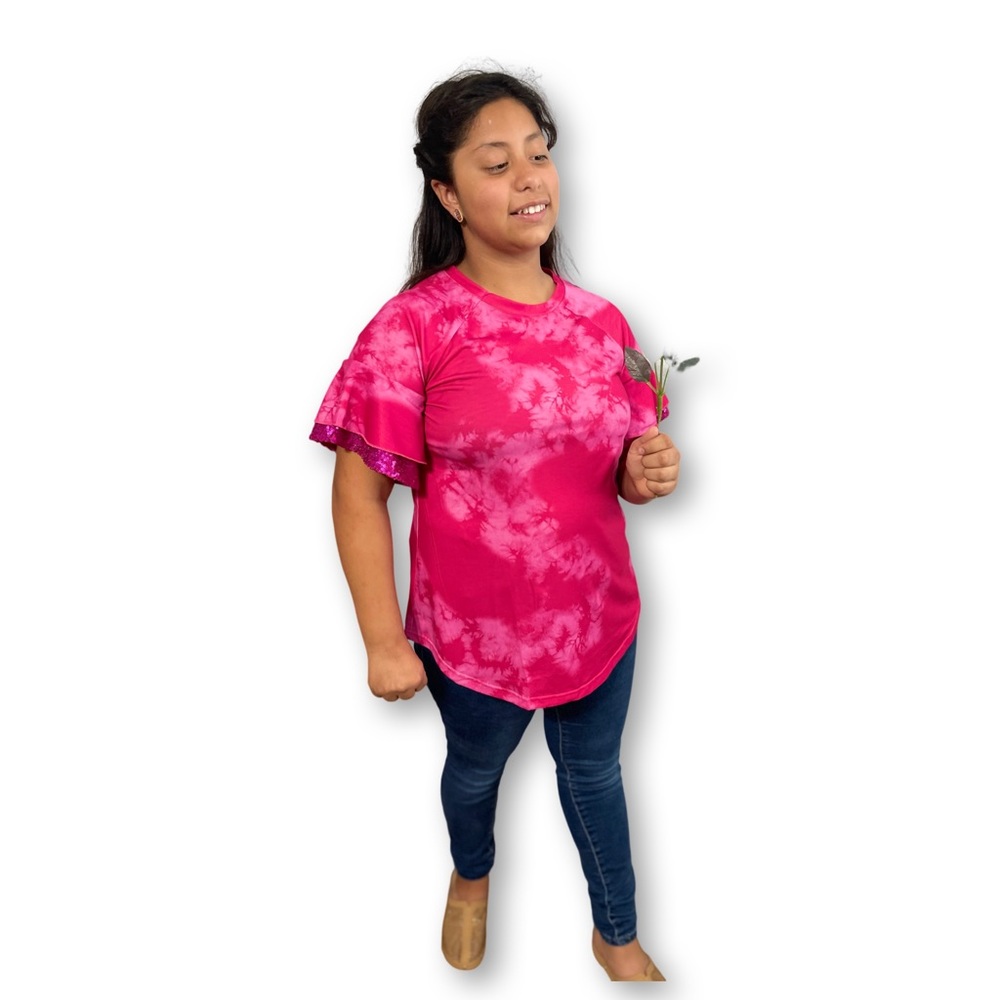 Fuchsia tie dye top w/sequin ruffle short sleeves